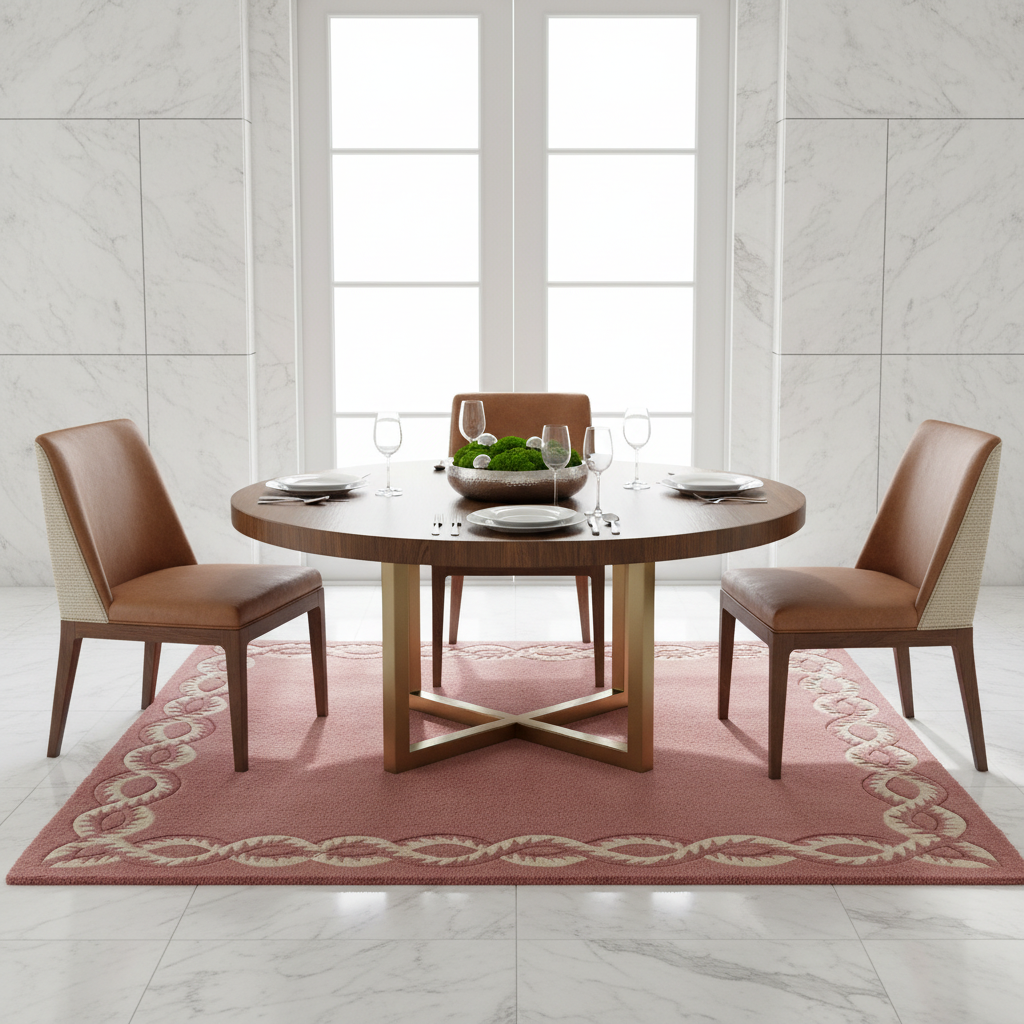 A round wooden dining table set with four brown leather chairs, place settings, wine glasses, and a bowl of fruit, arranged on a pink patterned area rug in front of a white marble-tiled wall and window.