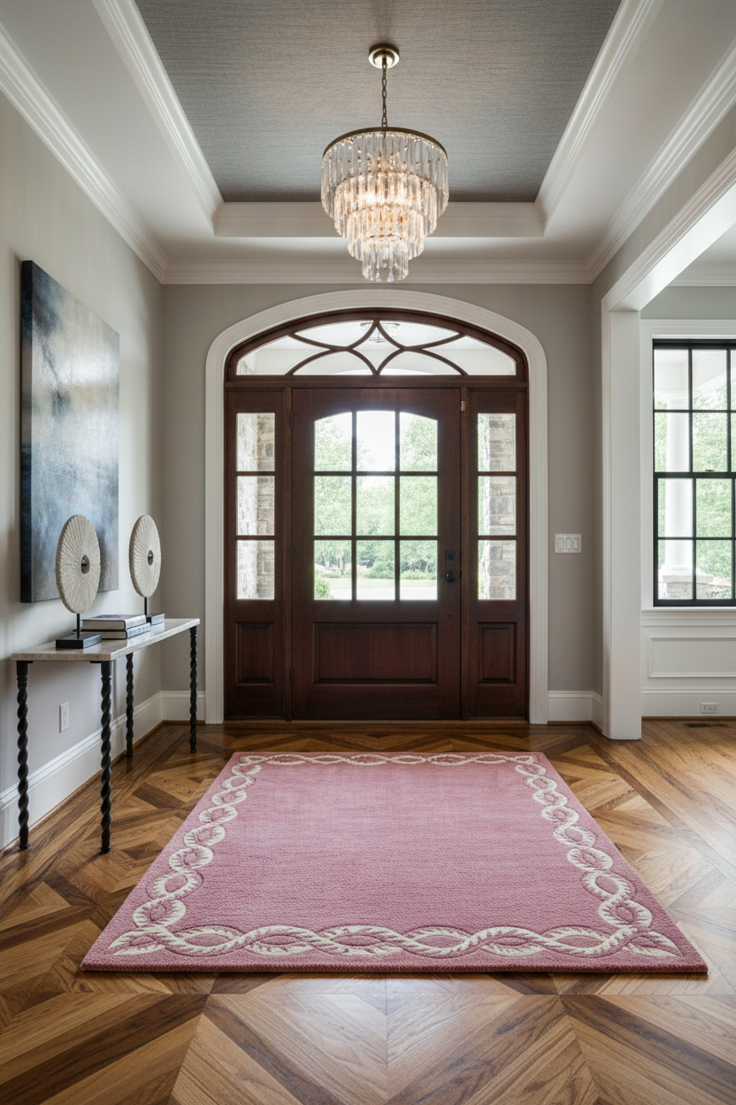 Foyer with a pink rug, wooden door, and chandelier.
