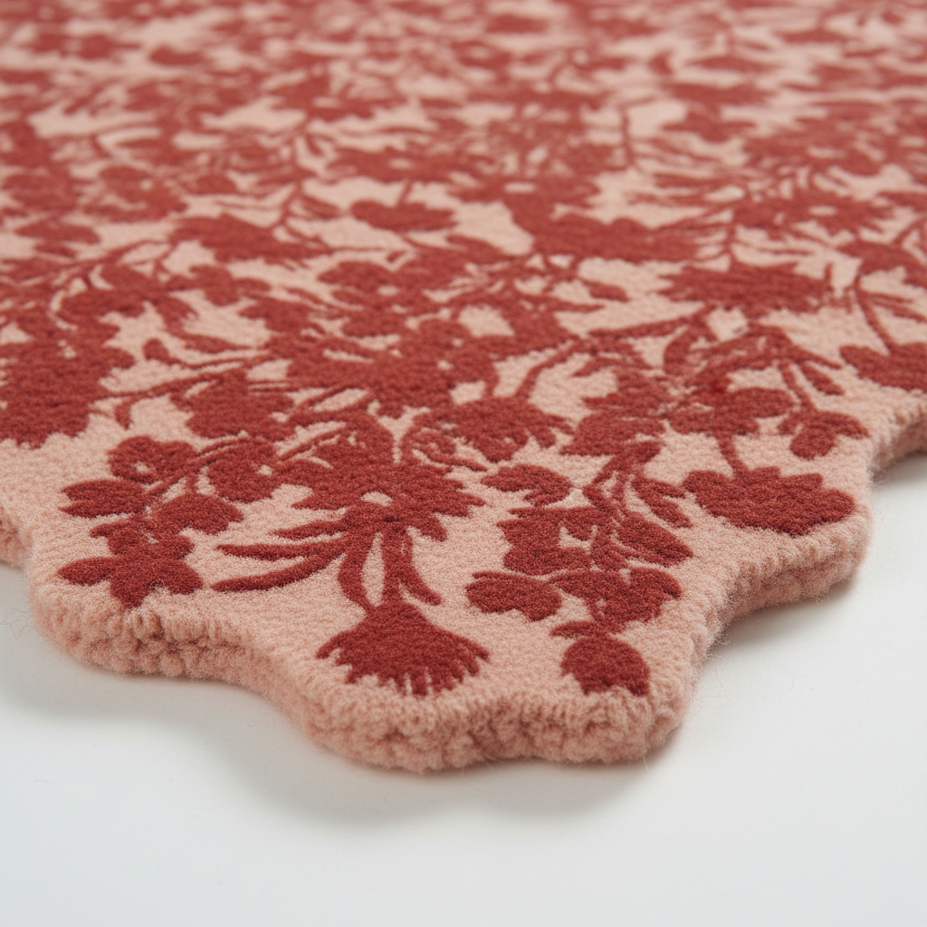 A close-up of a plush, textured area rug with a scalloped edge, featuring a dusty rose pink background with a raised rust-red floral pattern.