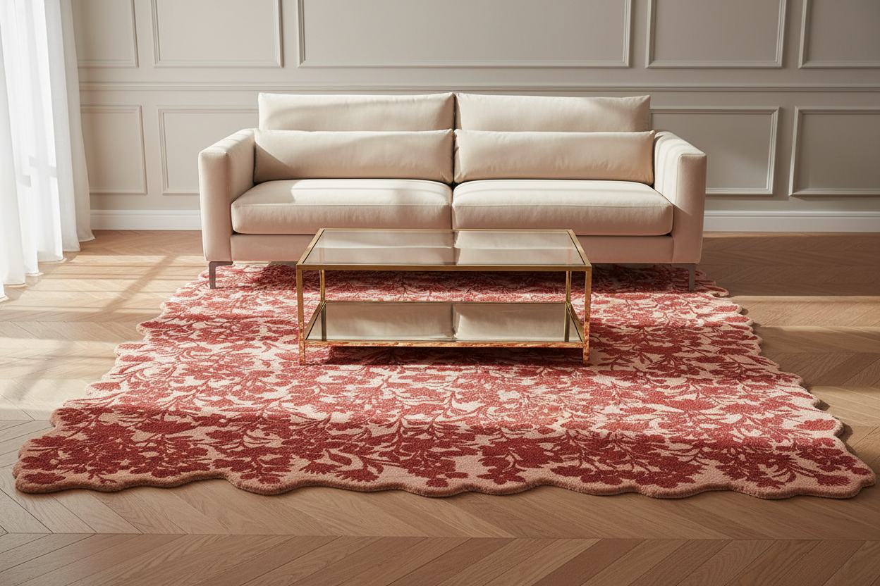 Beige sofa with a red floral rug and gold coffee table in a room with white walls and wooden flooring.