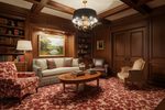 A classic, elegant study or library featuring dark wood paneling, a large red and brown floral patterned area rug, a central wooden coffee table, a cream sofa with patterned pillows, and multiple upholstered armchairs.