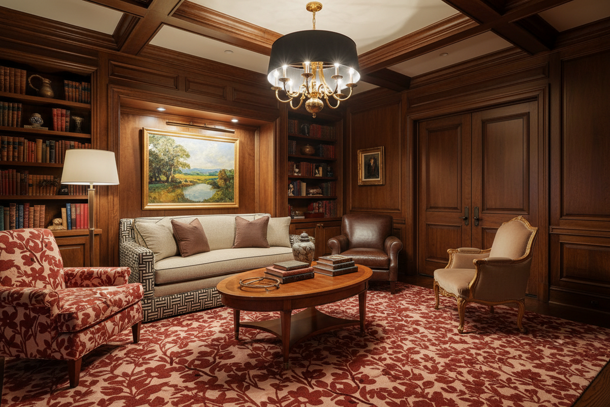 A classic, elegant study or library featuring dark wood paneling, a large red and brown floral patterned area rug, a central wooden coffee table, a cream sofa with patterned pillows, and multiple upholstered armchairs.