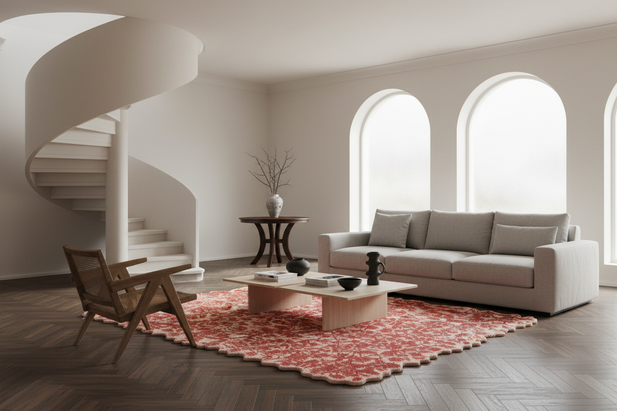 A modern living room scene featuring a light beige fabric sofa, a wooden armchair, a low wooden coffee table, and a red patterned rug on dark wood herringbone flooring. A spiral staircase is visible on the left, and two tall arched windows are on the right.