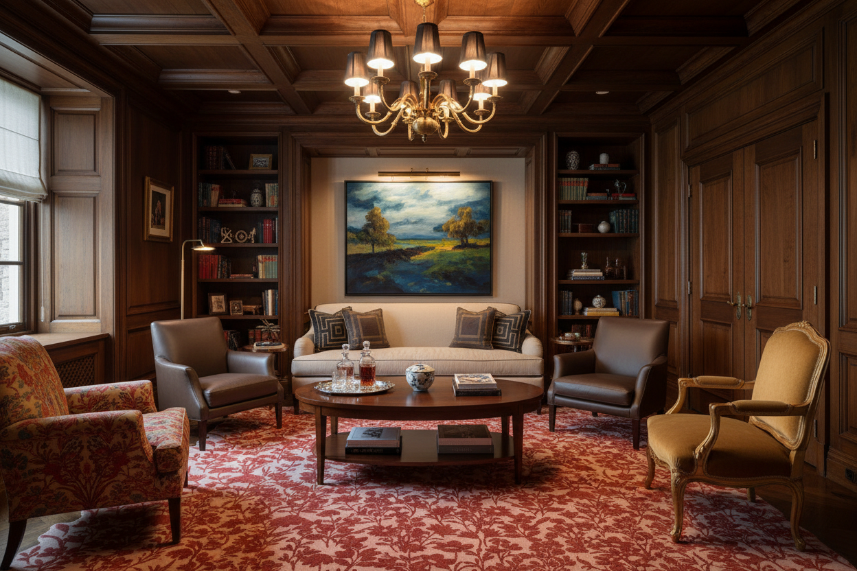 A classic, elegant study or library featuring a large landscape painting hanging on a dark wood paneled wall above a cream sofa. The room is furnished with matching dark wood chairs, a red patterned rug, a wooden coffee table, and a multi-light chandelier.