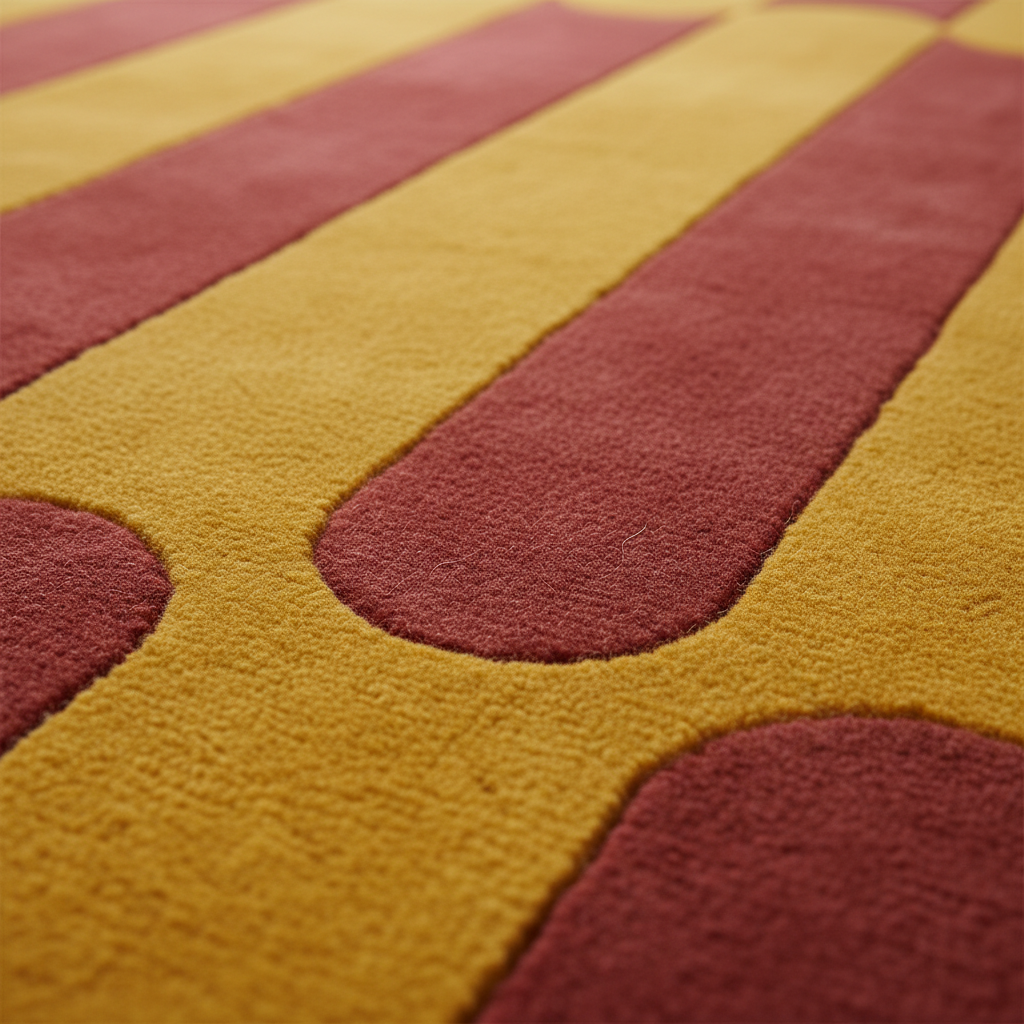 Close-up of a textured area rug with a bold geometric pattern of mustard yellow and muted red curved stripes.
