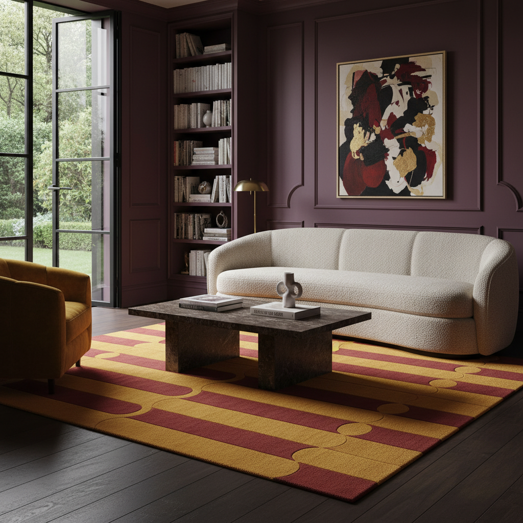 A styled interior scene with a cream boucle sofa, dark wood coffee table, yellow armchair, patterned yellow and burgundy rug, bookshelves, and a large abstract painting on a deep purple wall.
