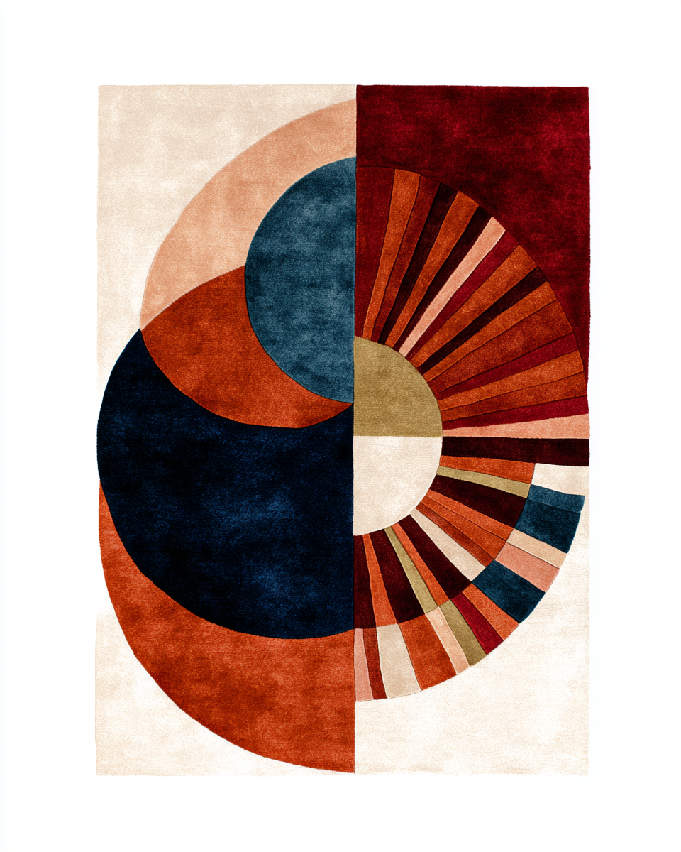 Geometric patterned rug with circular design in various colors on a white background