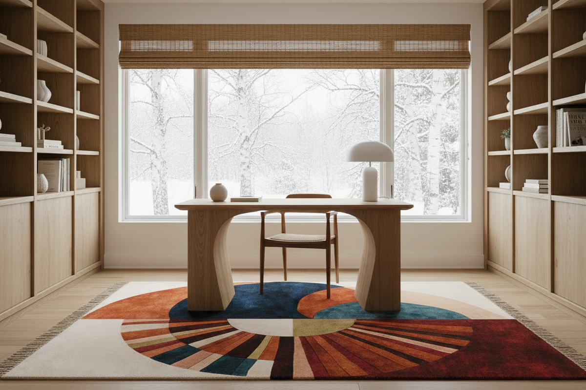 Modern room with a round table, chairs, and a colorful rug.