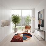 A modern living room interior with a colorful abstract area rug on a light wood floor, a brown leather chair, a floor lamp, and a large window looking out onto greenery. A framed abstract painting and a small bust sit on a black console table.