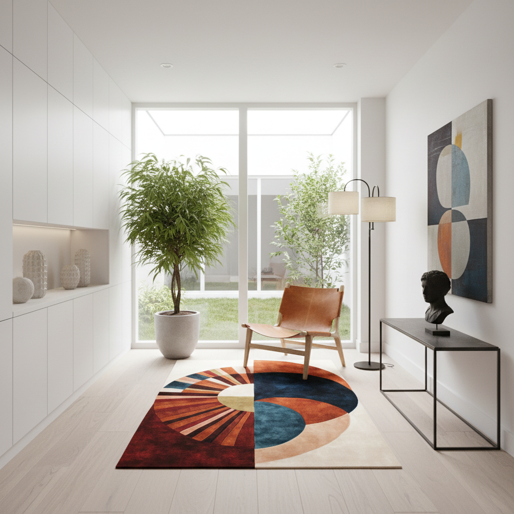 A modern living room interior with a colorful abstract area rug on a light wood floor, a brown leather chair, a floor lamp, and a large window looking out onto greenery. A framed abstract painting and a small bust sit on a black console table.