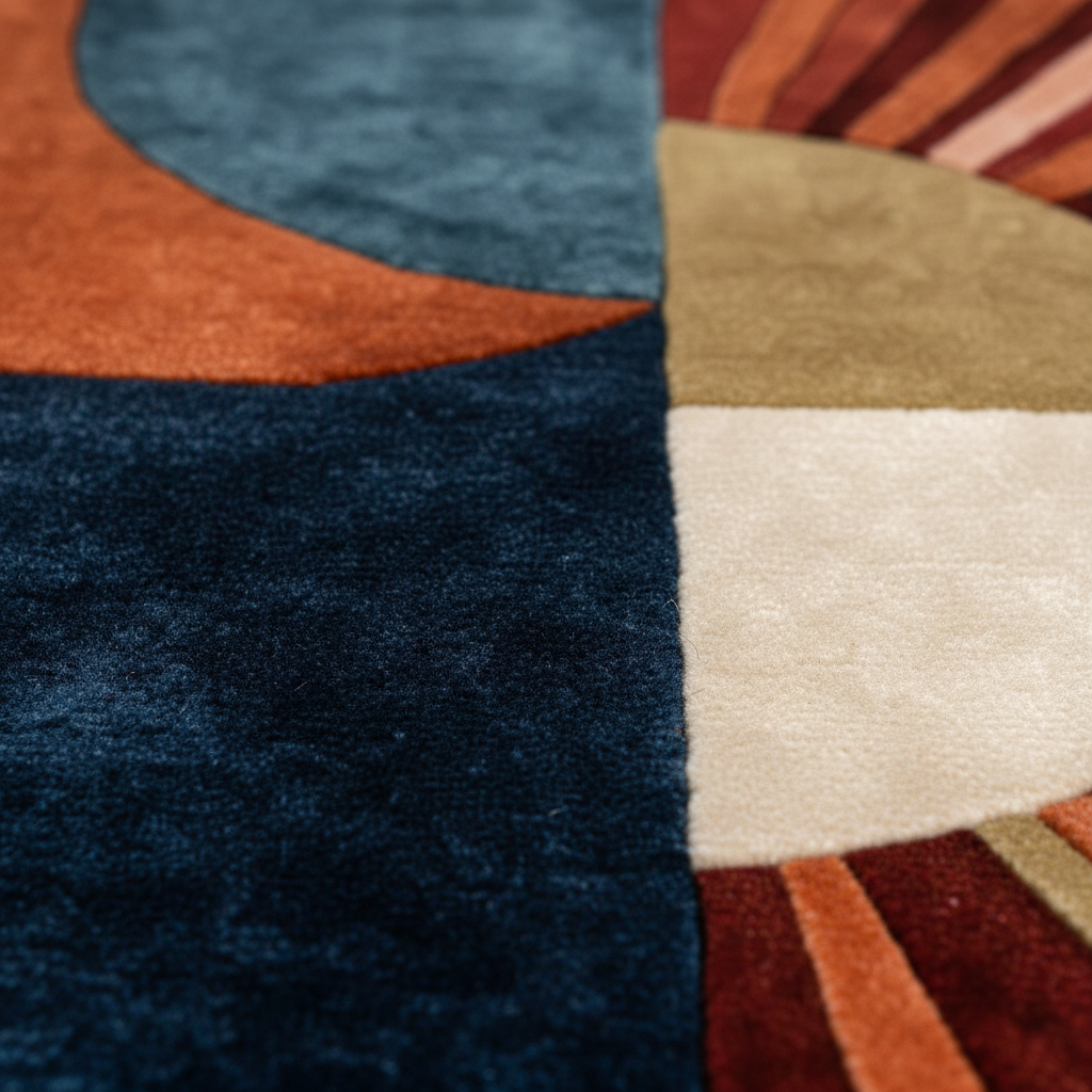 Close-up of a textured area rug with a modern geometric design featuring large color blocks of navy blue, rust orange, beige, and cream.