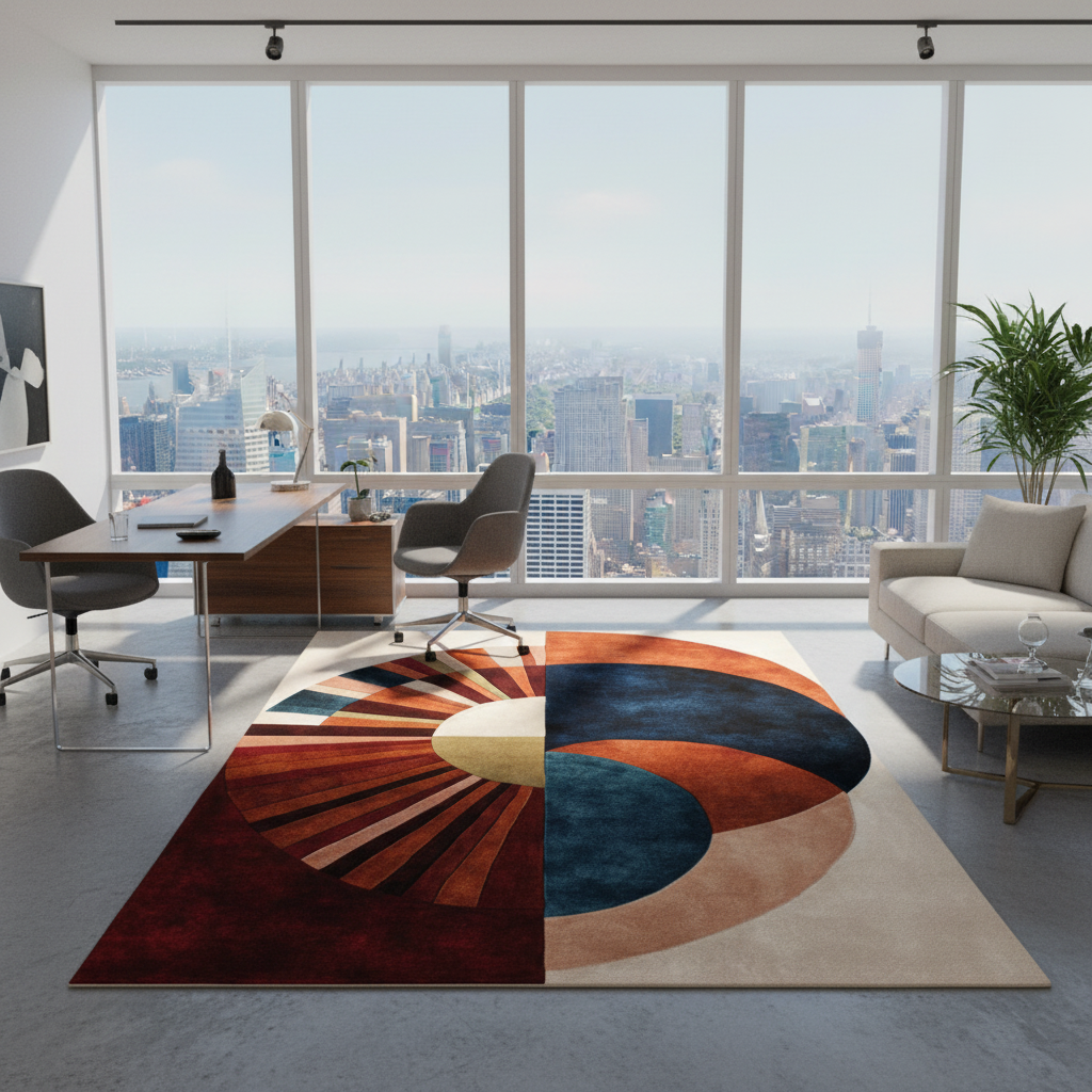 Modern office with a colorful circular rug, desk, and cityscape view.