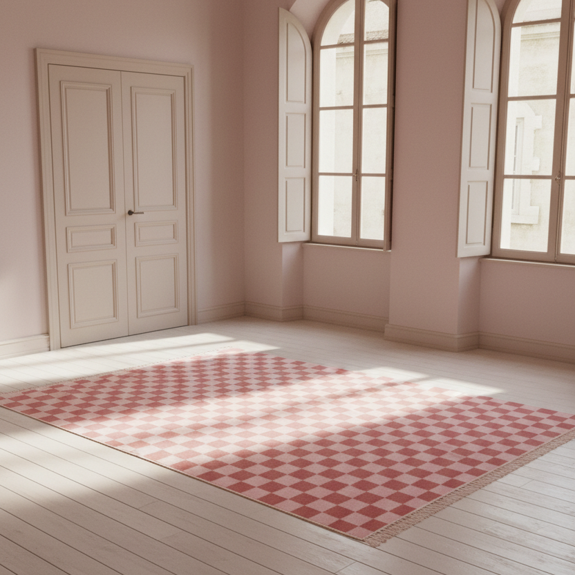 A rectangular area rug with a pink and off-white diamond checker pattern, laid out on a light wood floor in a sunlit room with pale pink walls and white paneled doors and windows.