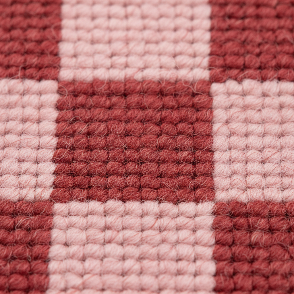 Close-up of a checkered fabric pattern with alternating dusty rose red and pale pink squares, showing the woven texture of the material.