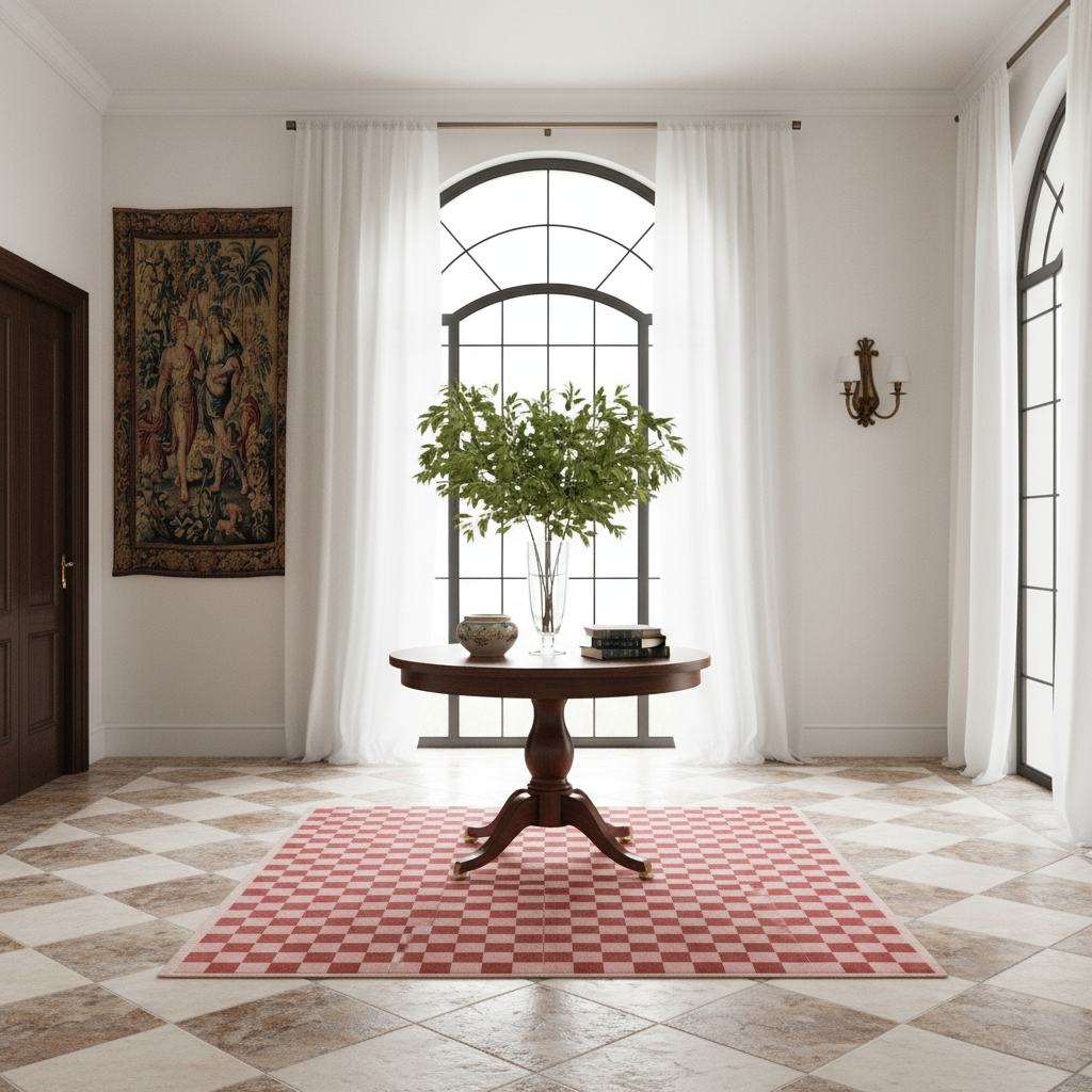 Red Checker Hand Knotted Rug