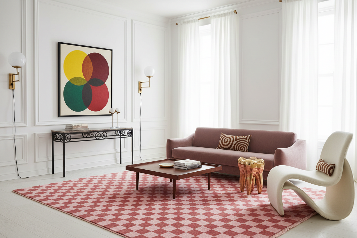 Modern living room with a pink sofa, Red Checker Hand Knotted Rug, white chair, and colorful abstract art on the wall.