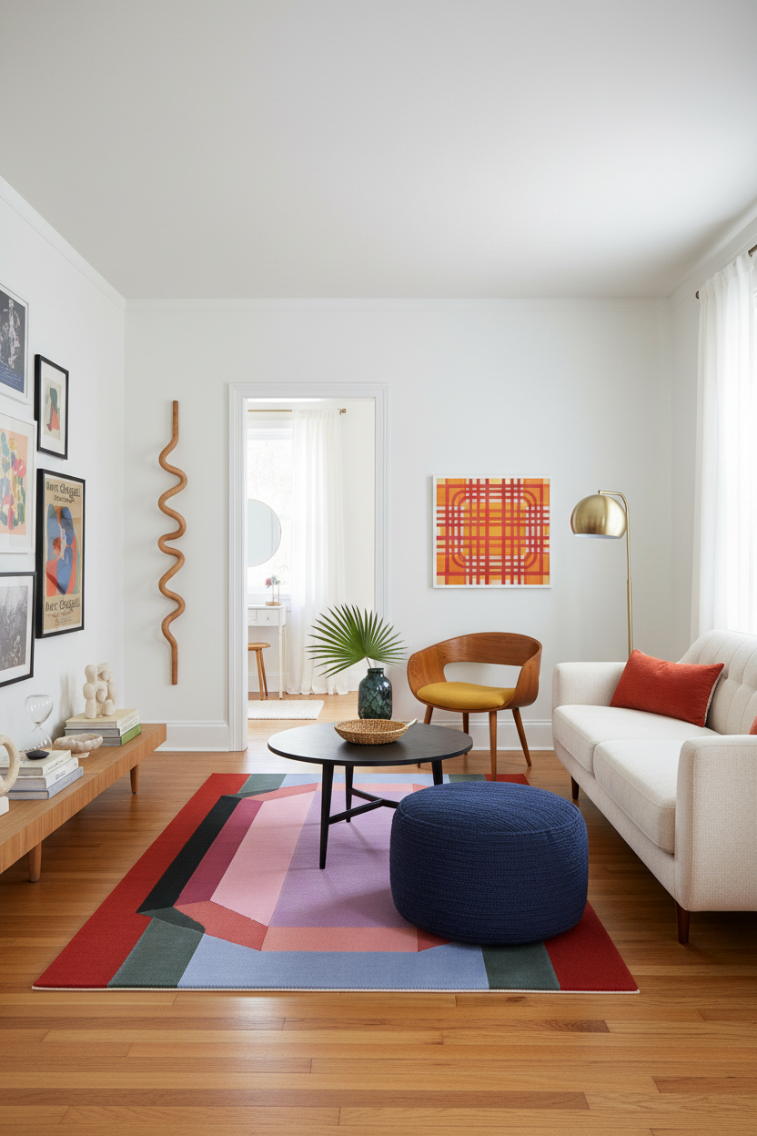 Modern living room with a colorful rug, white sofa, and wooden coffee table.