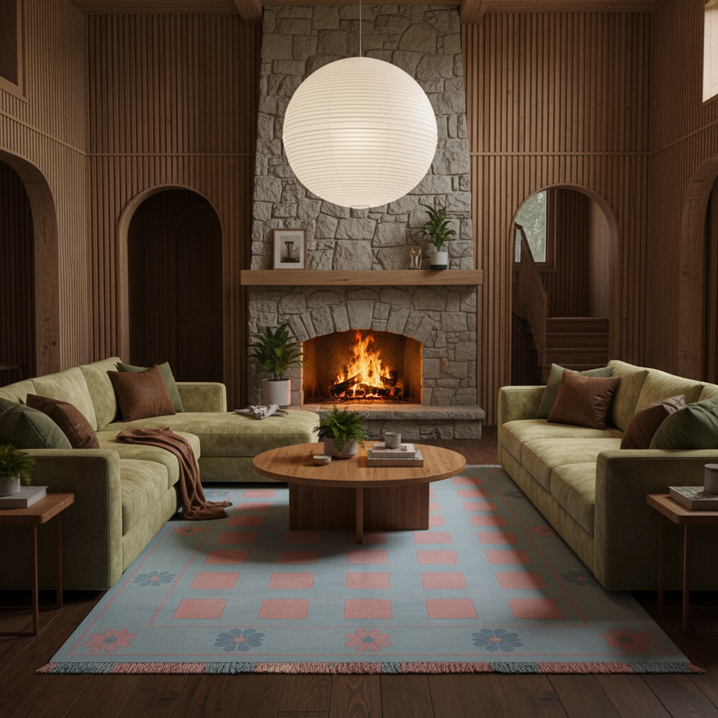 A cozy retro-style living room with two olive green sectional sofas facing a stone fireplace, a round wooden coffee table, a light blue and coral checkered rug, and a large white paper lantern hanging above the fireplace.