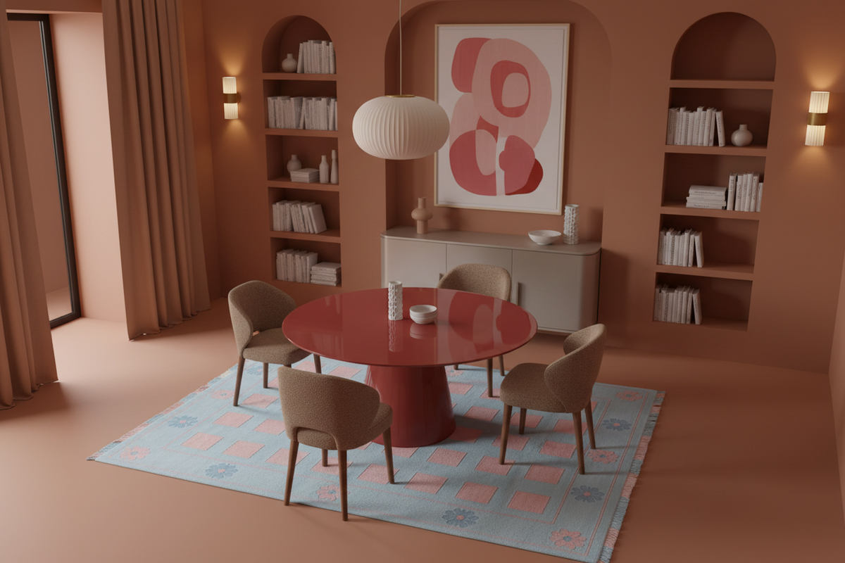 A modern dining room scene featuring a round red table with four upholstered chairs on a light blue patterned rug, set in a warm terracotta room with built-in shelves and wall sconces.