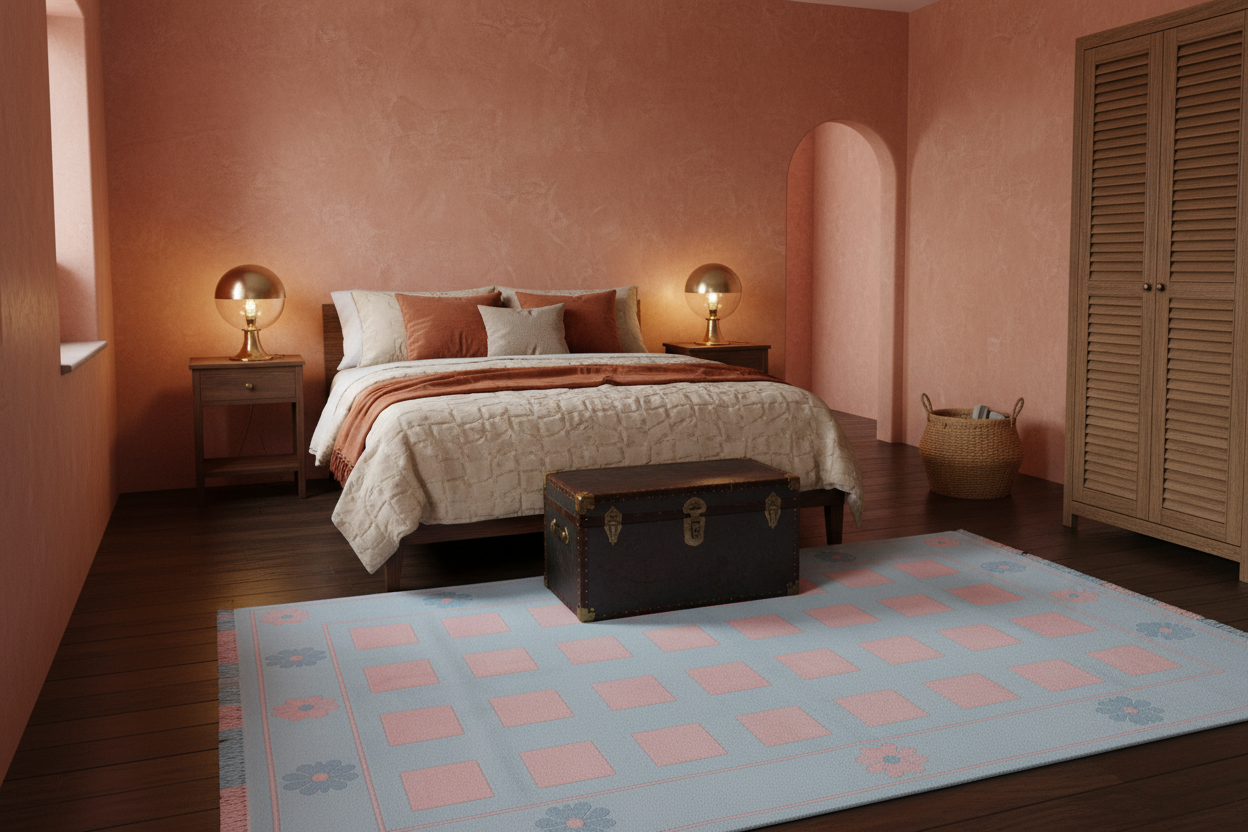 Bedroom with pink walls, a bed, nightstands, and a blue pink rug.