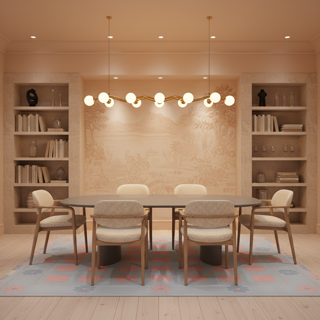 A modern dining room setup featuring a round dark gray table surrounded by six upholstered chairs, set on a patterned rug in front of a beige patterned wall with built-in shelving on both sides.