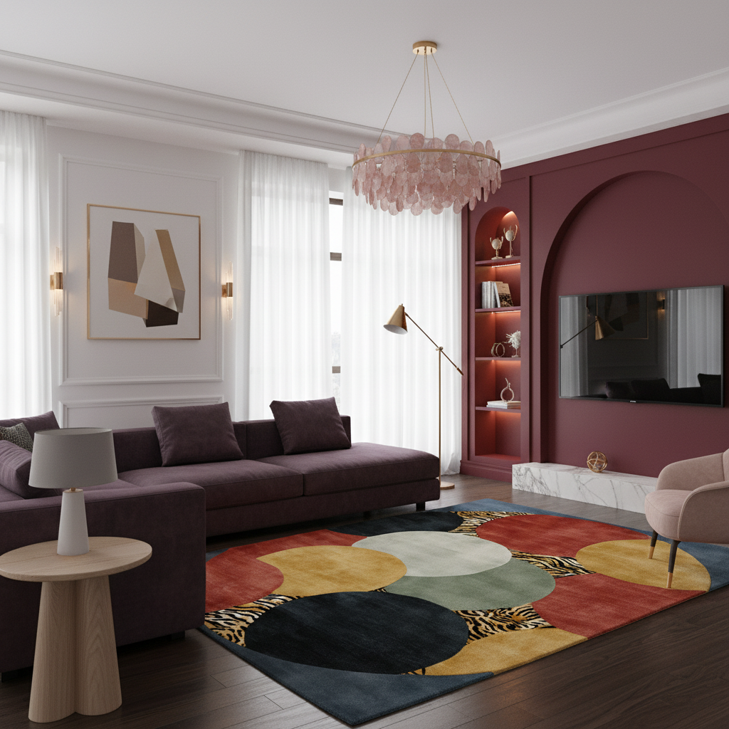 A modern living room interior featuring a large abstract-patterned area rug in navy, yellow, beige, and red tones. The room includes a dark purple sectional sofa, a pink armchair, a round wooden side table with a white lamp, a gold floor lamp, a pink glass chandelier, and a deep burgundy accent wall with an arched niche containing shelves and a mounted TV.