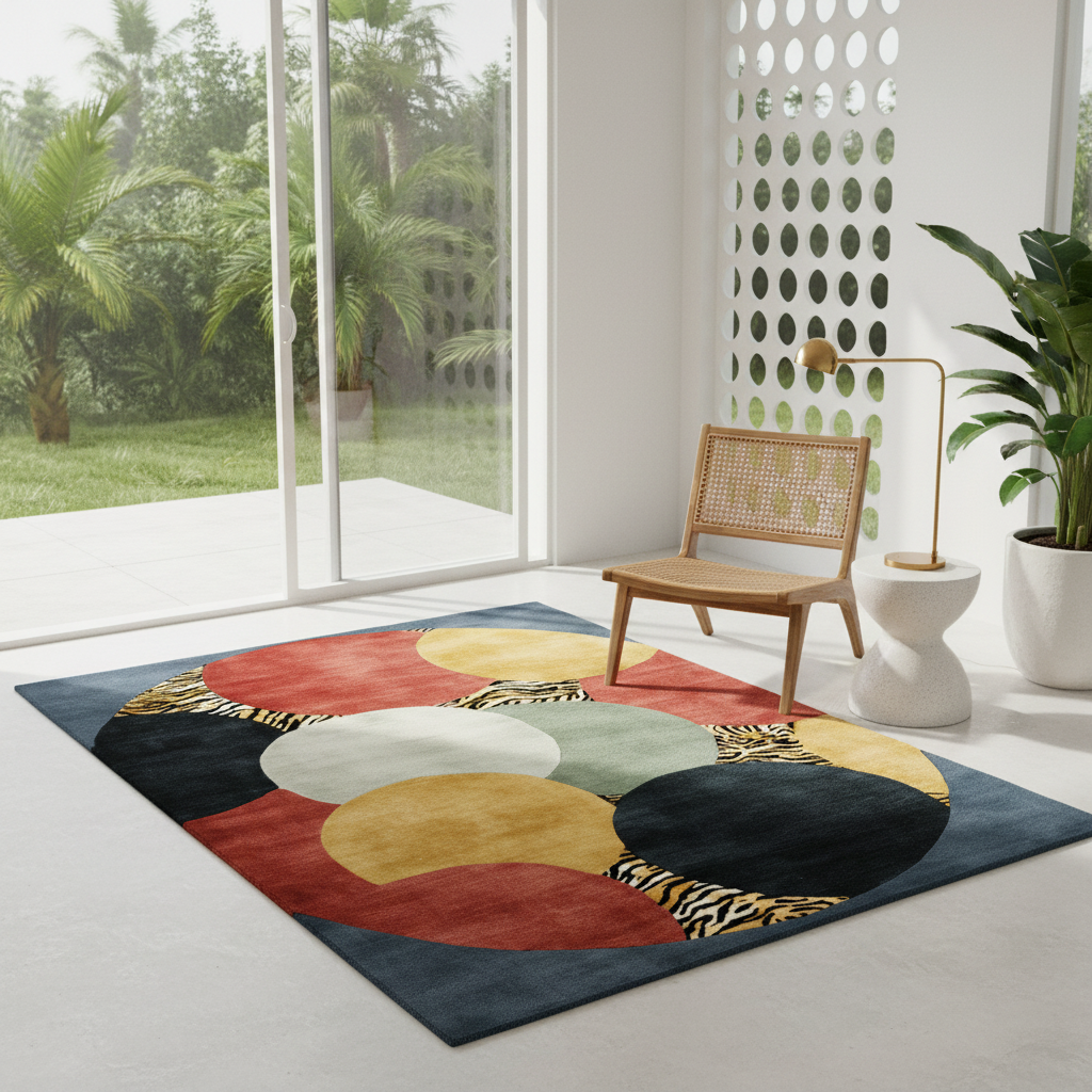 A rectangular area rug with a bold abstract pattern of overlapping circles in red, mustard yellow, sage green, cream, and black, accented with zebra-print details. The rug is styled in a modern, bright room with a wooden cane-back chair, a white side table with a gold lamp, and a potted plant.