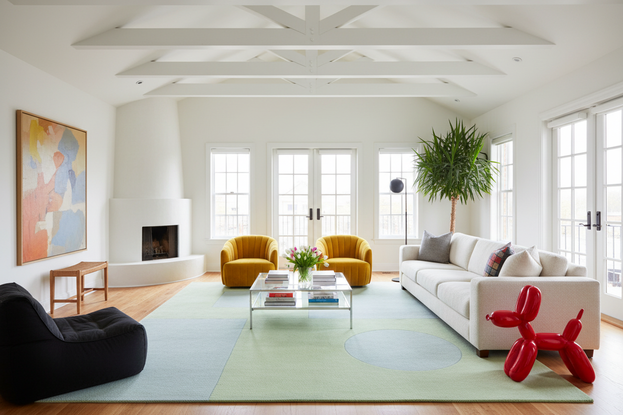 Modern living room with blue rug, yellow armchairs, white sofa, and colorful decor.
