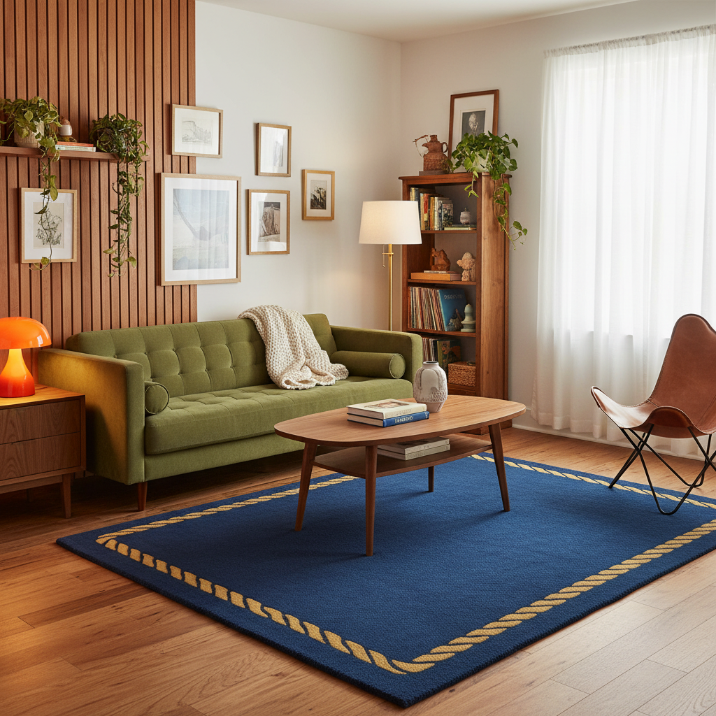 A styled living room featuring a prominent navy blue area rug with a gold rope border, placed under a wooden coffee table. The room includes a green tufted sofa, a mid-century modern chair, a wooden shelving unit, and warm wood paneling on the wall.