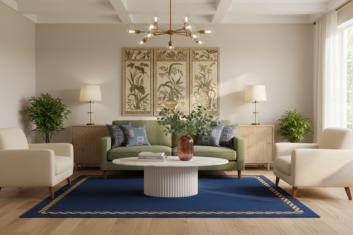 A styled living room featuring a sage green sofa, two cream armchairs, a white round coffee table, a deep blue area rug with gold trim, and a large three-panel botanical wall art piece above the sofa.