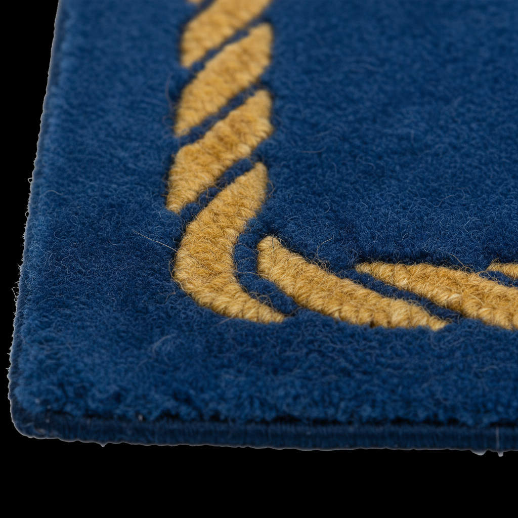 Close-up of a blue textured rug with a tan rope-style border detail, shown against a black background.