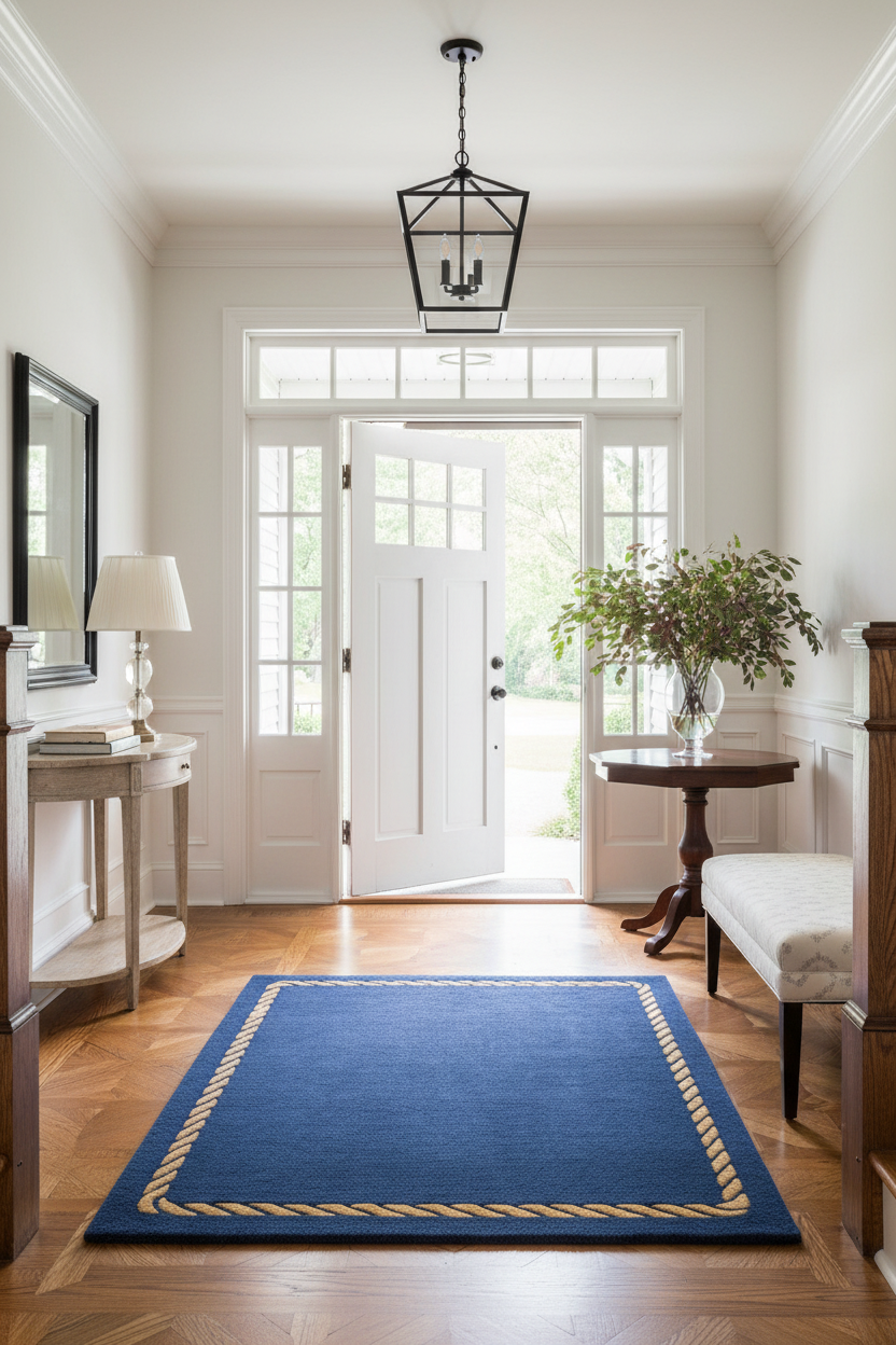 Foyer with a blue rug, white walls, and wooden floors.
