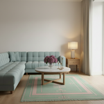A styled living room scene featuring a light sage green tufted sectional sofa, a round white coffee table with a vase of purple flowers, a matching green and pink patterned area rug, a wooden side table with a lit lamp, and beige curtains.