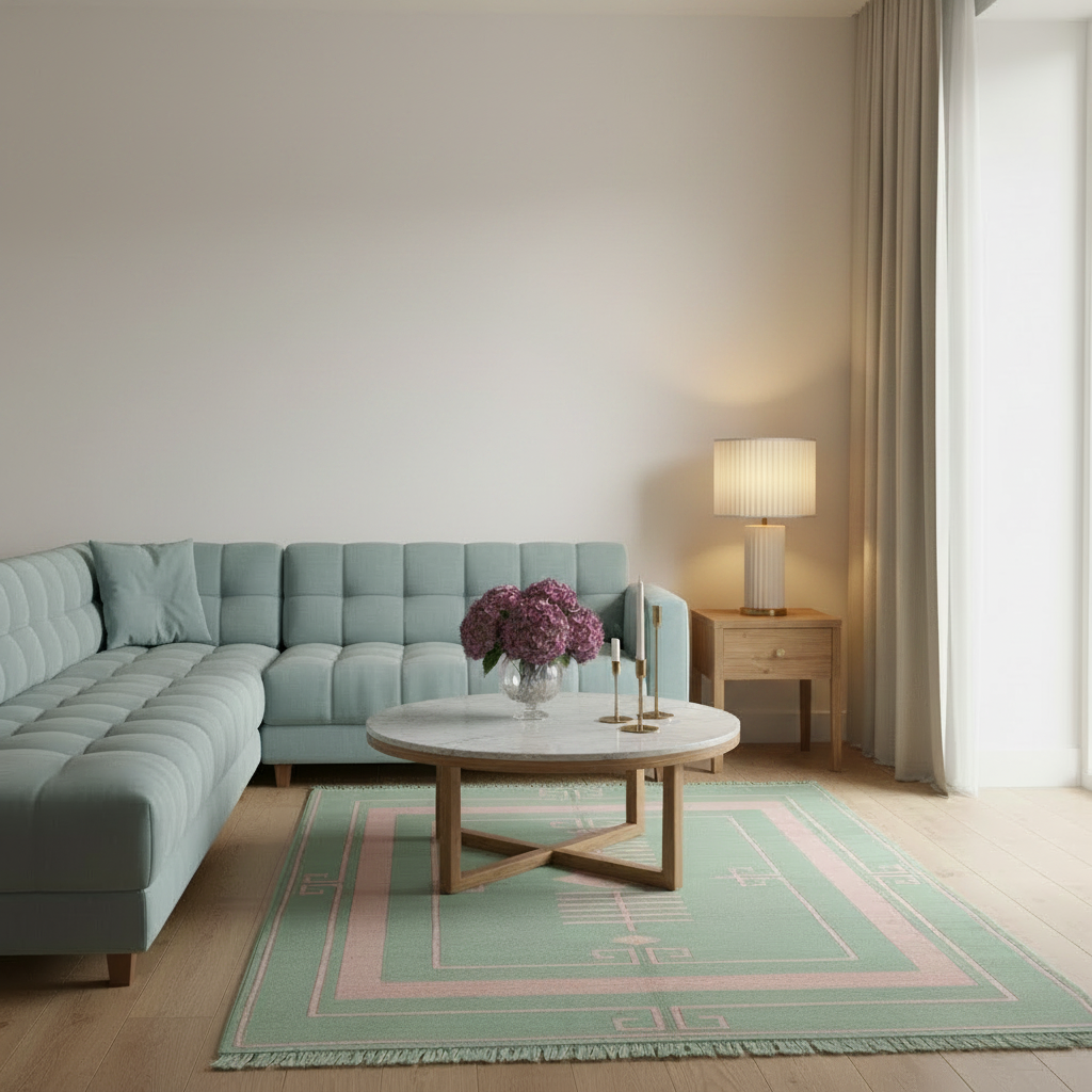 A styled living room scene featuring a light sage green tufted sectional sofa, a round white coffee table with a vase of purple flowers, a matching green and pink patterned area rug, a wooden side table with a lit lamp, and beige curtains.