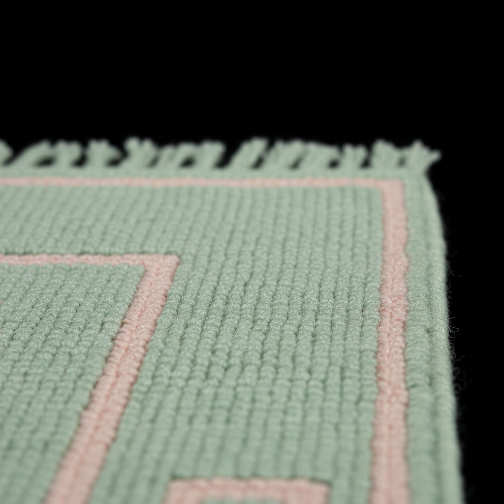 Close-up of a woven rug corner showing a mint green textured surface with a pale pink geometric border and fringe, photographed against a black background.