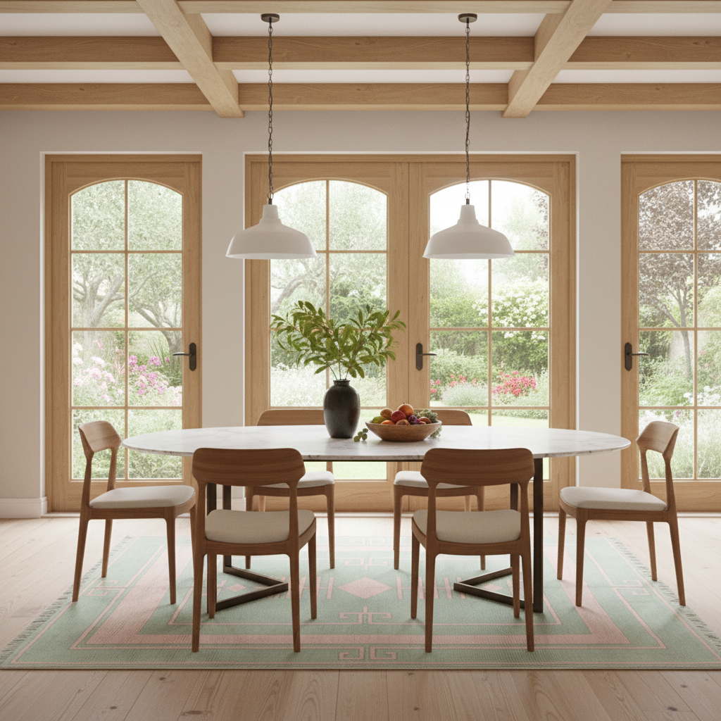 A modern dining room with a round white table, six wooden chairs with cream upholstery, a green patterned rug, and large arched windows looking out to a garden. A black vase with a leafy plant and a bowl of fruit sit on the table, with two white pendant lights hanging above.