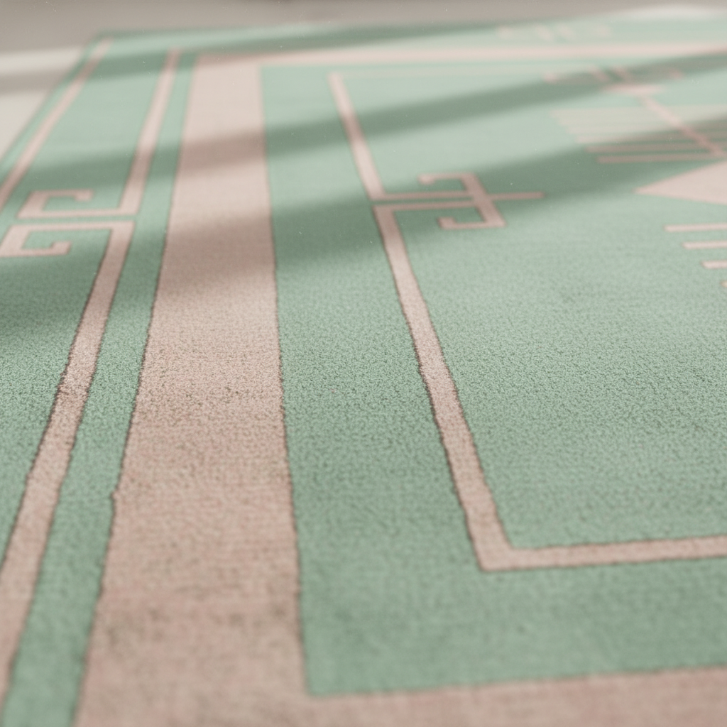 Close-up of a textured rug with a mint green and beige geometric pattern, featuring soft leaf shadows across the surface.