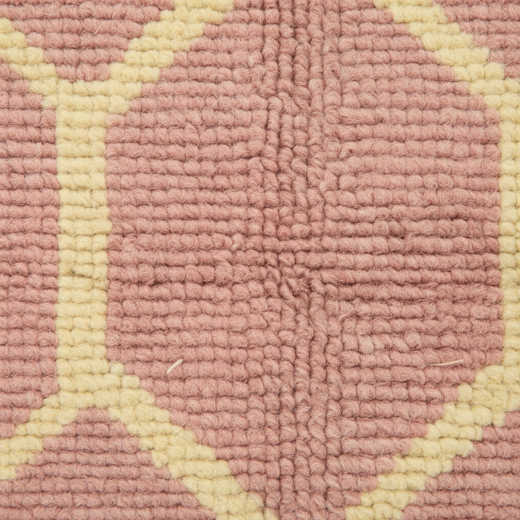 A close-up of a textured rug with a geometric pattern in dusty pink and pale yellow, showing the detailed loop pile texture.