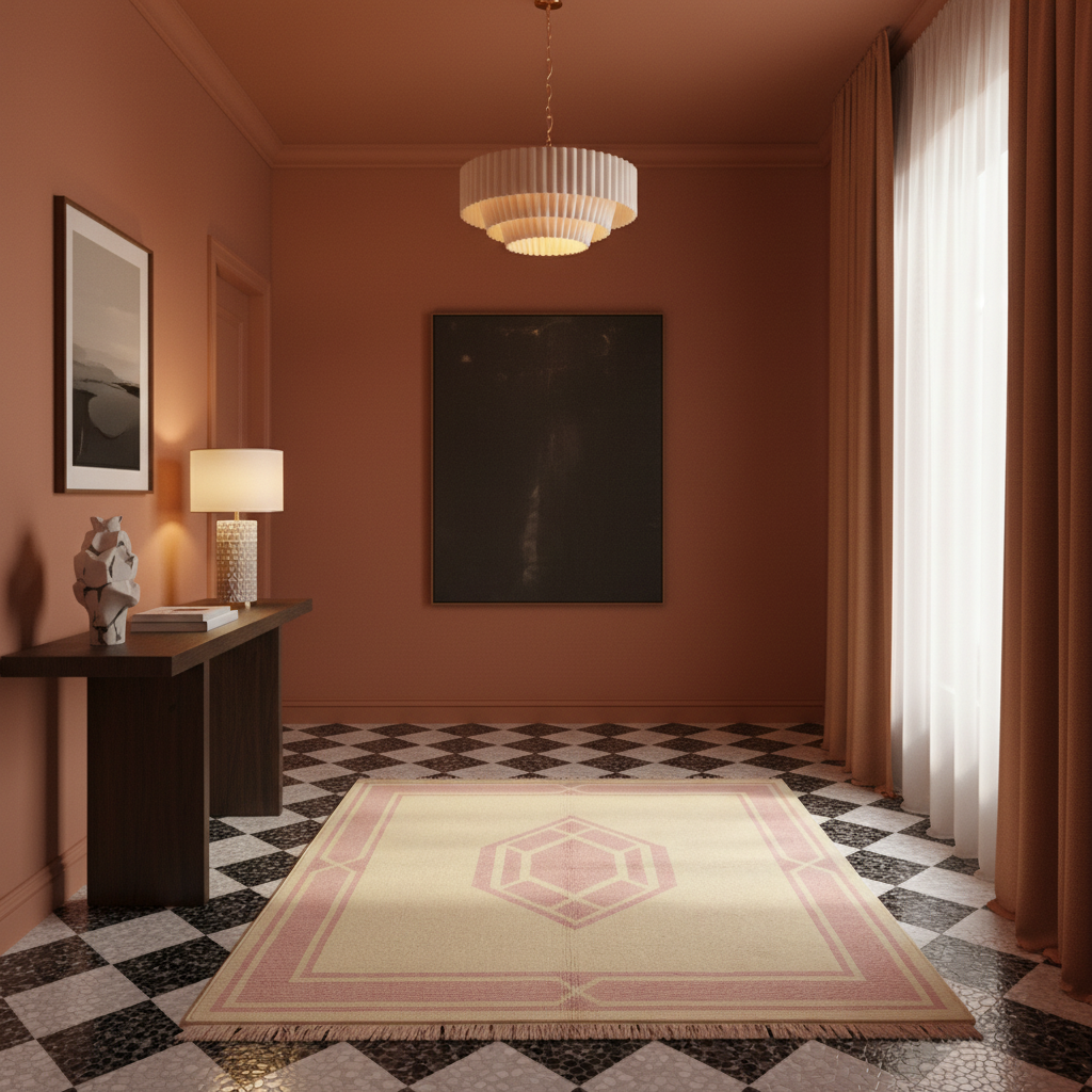 A beige and pink area rug with a geometric pattern and fringe, styled in a modern, warm-toned room with terracotta walls, a black-and-white checkered floor, and a pleated pendant light.