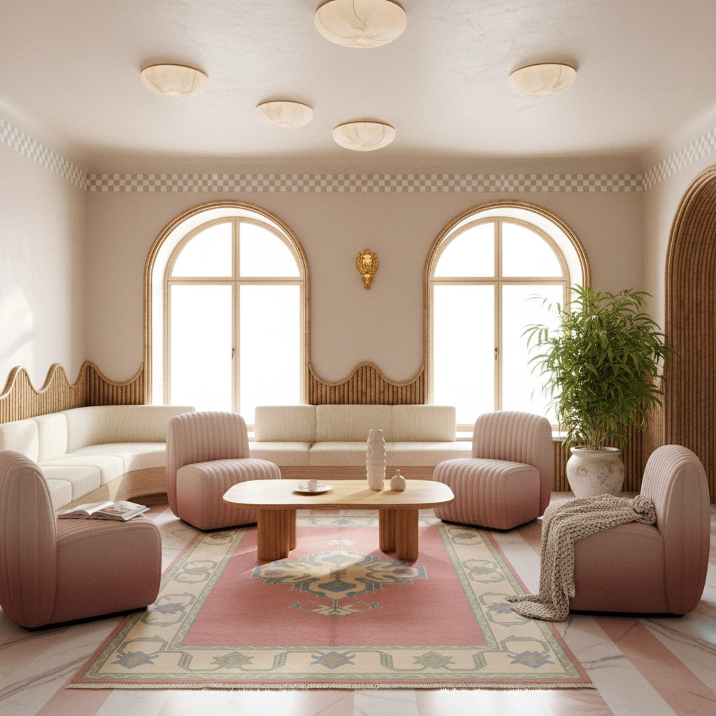 A beautifully styled living room featuring a pink and cream modular sofa arrangement, a central wooden coffee table, a patterned area rug, and a large potted bamboo plant.