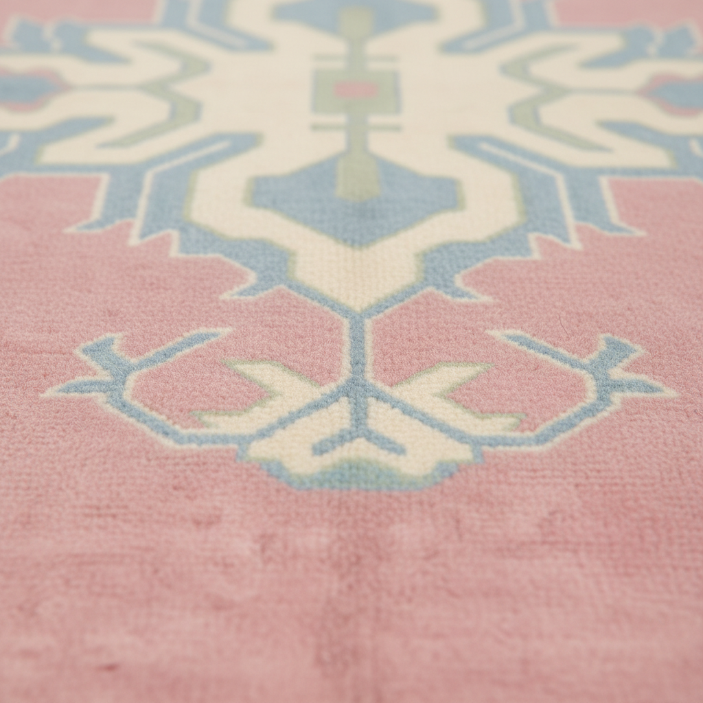 A close-up of a pink rug with a traditional geometric pattern in cream, light blue, and pale green, shown in a shallow depth of field.