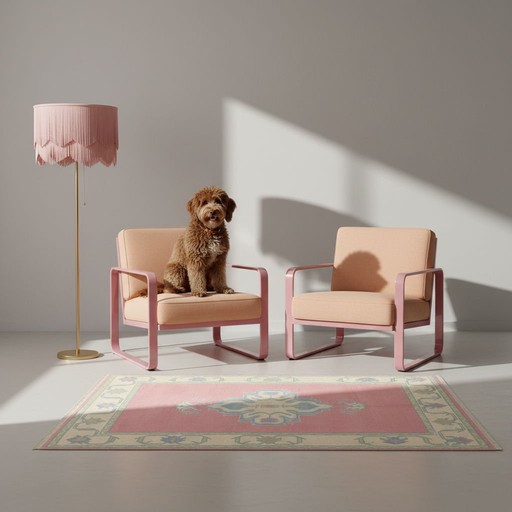 Two blush pink armchairs with curved metallic pink frames are arranged in a minimalist room with a small brown dog sitting on one chair. A matching pink floor lamp stands on the left, and a pink-and-beige patterned rug lies on the floor.