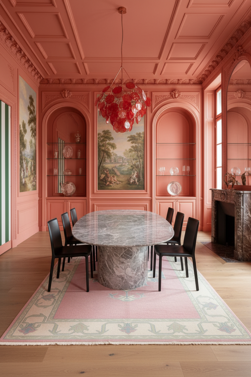 Pink rug in dining room with marble table and red chandelier