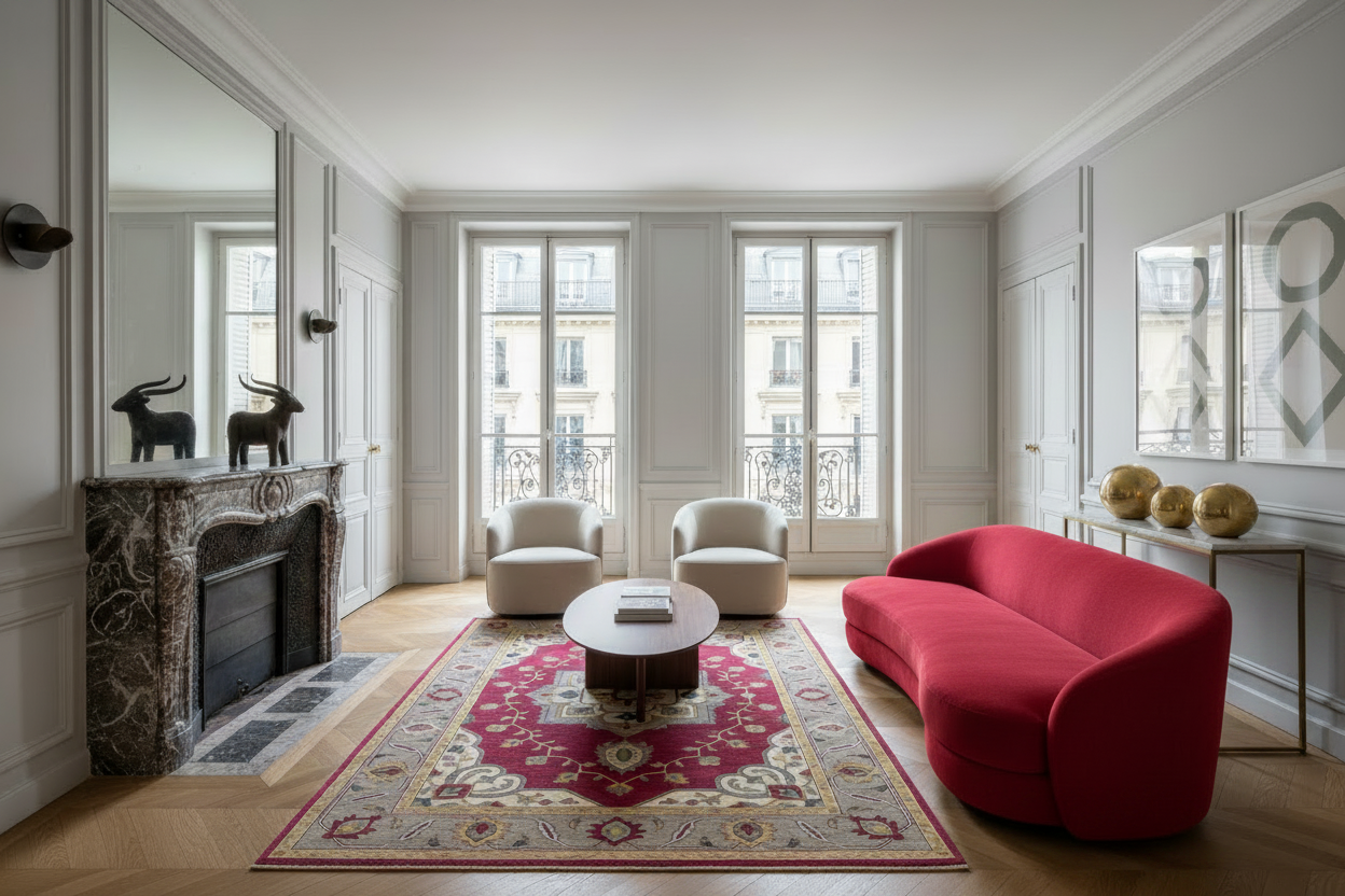 Modern living room with a red sofa, red patterned rug, and large mirror.