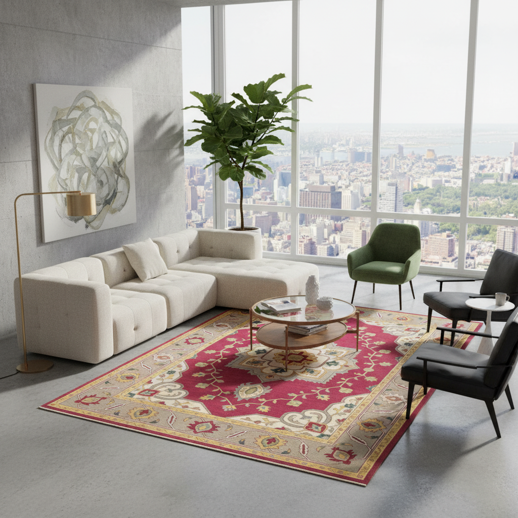 A modern living room scene with a large cream sectional sofa, red patterned area rug, round glass coffee table, black accent chairs, a green armchair, a floor lamp, and a large potted plant in front of floor-to-ceiling windows overlooking a city skyline.