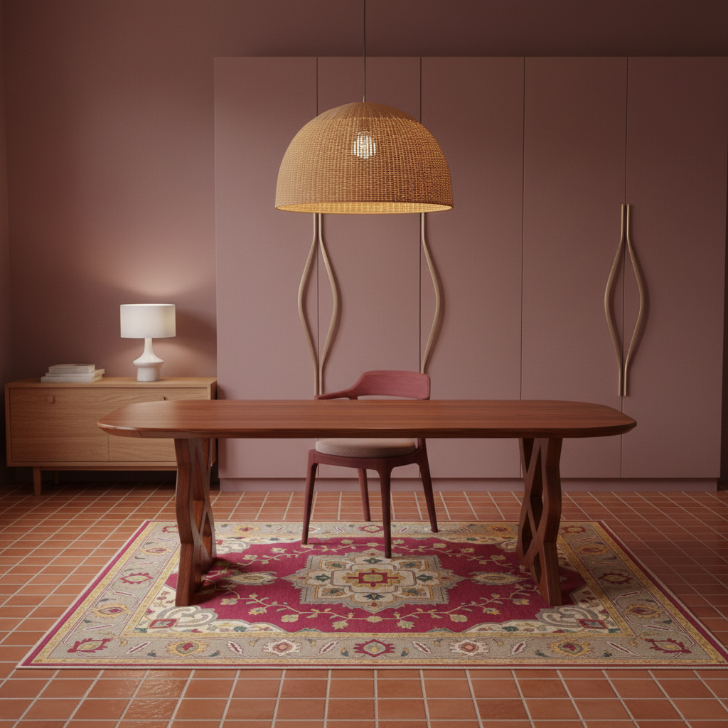 A styled dining room scene featuring a wooden dining table on a red patterned area rug, paired with a pink chair and a large woven pendant light hanging above. The background includes a matching dusty rose wardrobe with wavy handles and a sideboard with a lit lamp.
