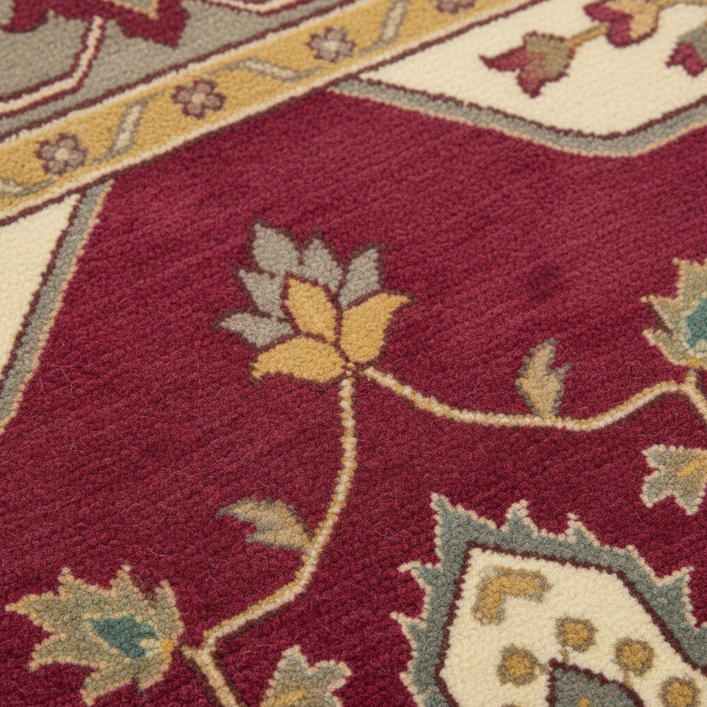 Close-up of a patterned area rug with a deep burgundy red field, featuring cream, mustard yellow, and sage green floral motifs.
