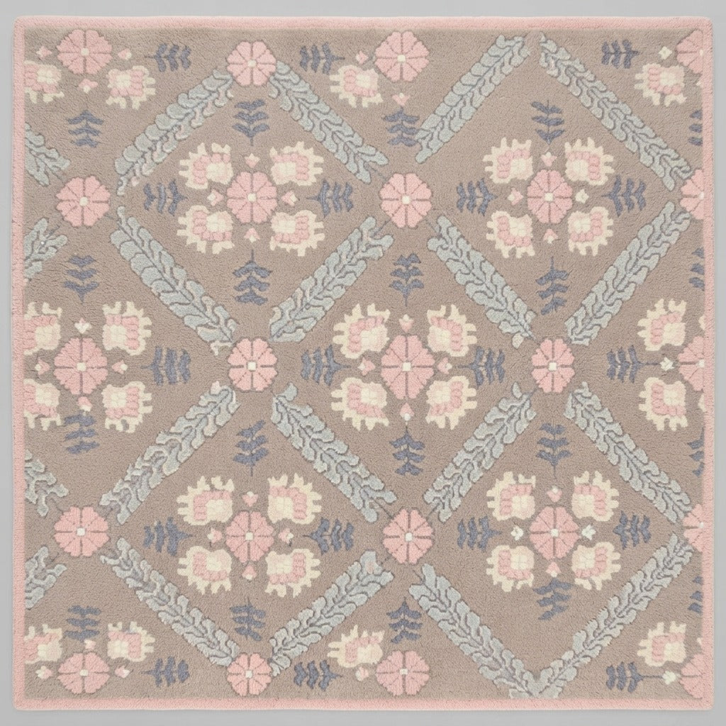 Rosy Trellis Posy Square Hand Tufted Wool Rug - studio photo