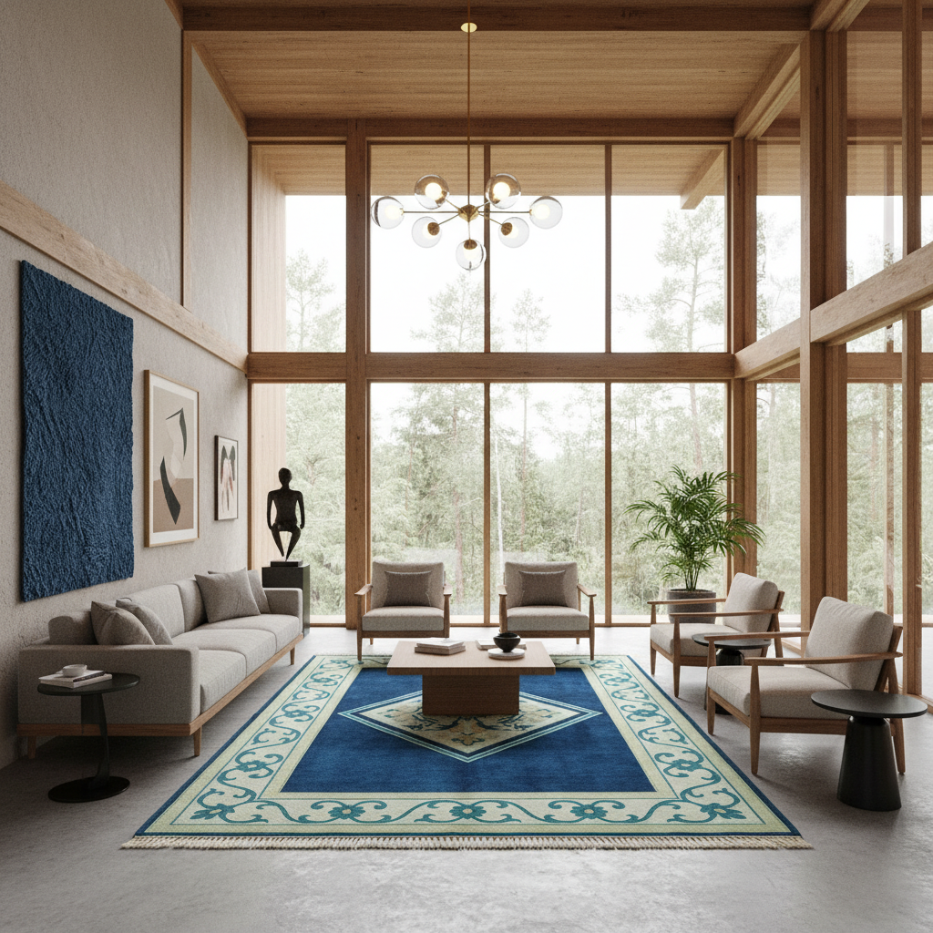 A modern living room with a large blue and cream patterned area rug on the floor, surrounded by a gray sofa, two wooden armchairs, a coffee table, and tall windows overlooking a forest.