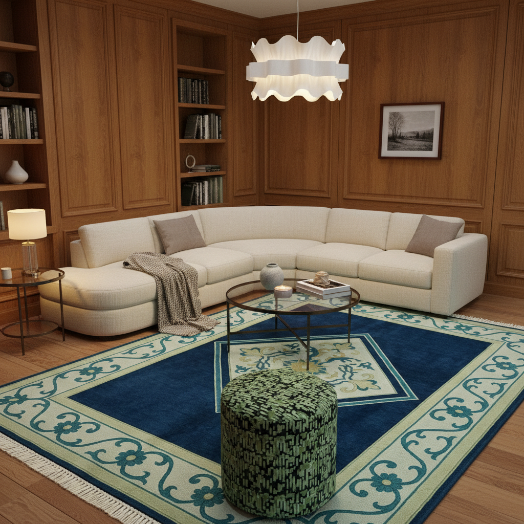 A modern living room with a cream curved sectional sofa, a large blue and beige patterned area rug, a green patterned cylindrical ottoman, and wood-paneled walls with built-in bookshelves.